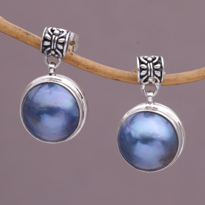 Zuchtperlen-Ohrringe, 'Morning Mist', baumelnd - Sterling Silber und blaue Zuchtperle Ohrringe baumeln