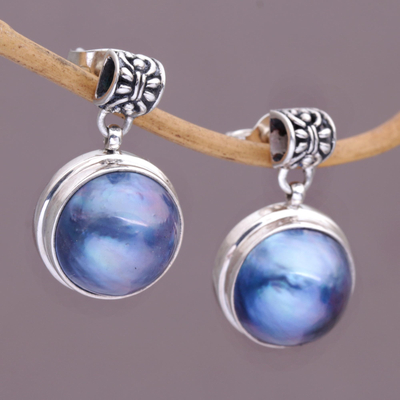 Cultured pearl dangle earrings, 'Morning Mist' - Sterling Silver and Cultured Blue Pearl Dangle Earrings