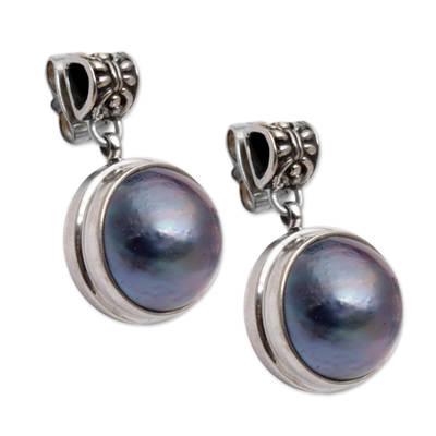 Cultured pearl dangle earrings, 'Morning Mist' - Sterling Silver and Cultured Blue Pearl Dangle Earrings
