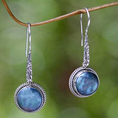 Cultured pearl dangle earrings, 'Blue Camellia' - Cultured Blue Pearl and Sterling Silver Dangle Earrings