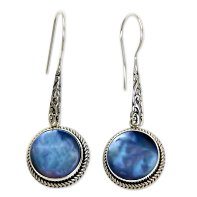 Cultured pearl dangle earrings, 'Blue Camellia' - Cultured Blue Pearl and Sterling Silver Dangle Earrings