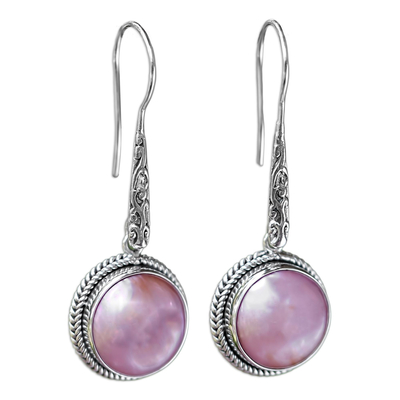 Cultured pearl dangle earrings, 'Balinese Camellia' - Balinese Cultured Pink Pearl Dangle Earrings
