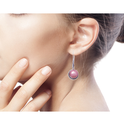 Cultured pearl dangle earrings, 'Balinese Camellia' - Balinese Cultured Pink Pearl Dangle Earrings