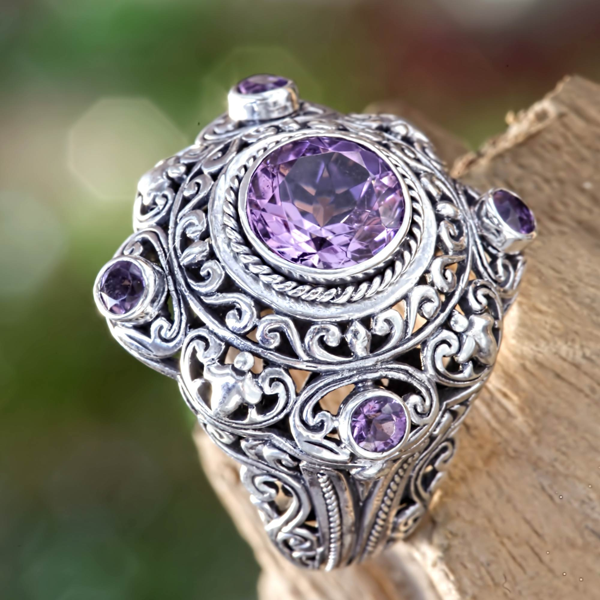 Amethyst and Silver Cocktail Ring from Bali - Mahameru Purple