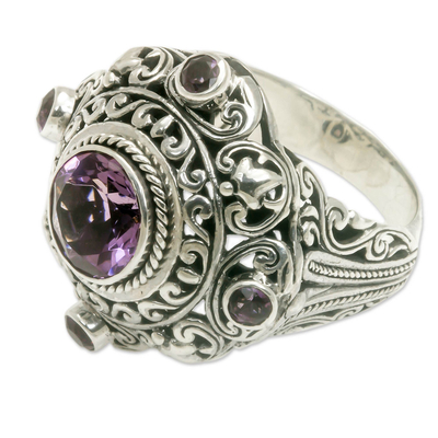 Amethyst cocktail ring, 'Mahameru Purple' - Amethyst and Silver Cocktail Ring from Bali