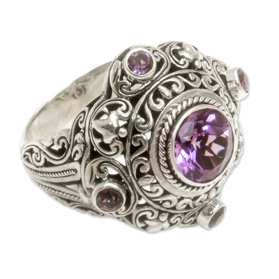Amethyst cocktail ring, 'Mahameru Purple' - Amethyst and Silver Cocktail Ring from Bali