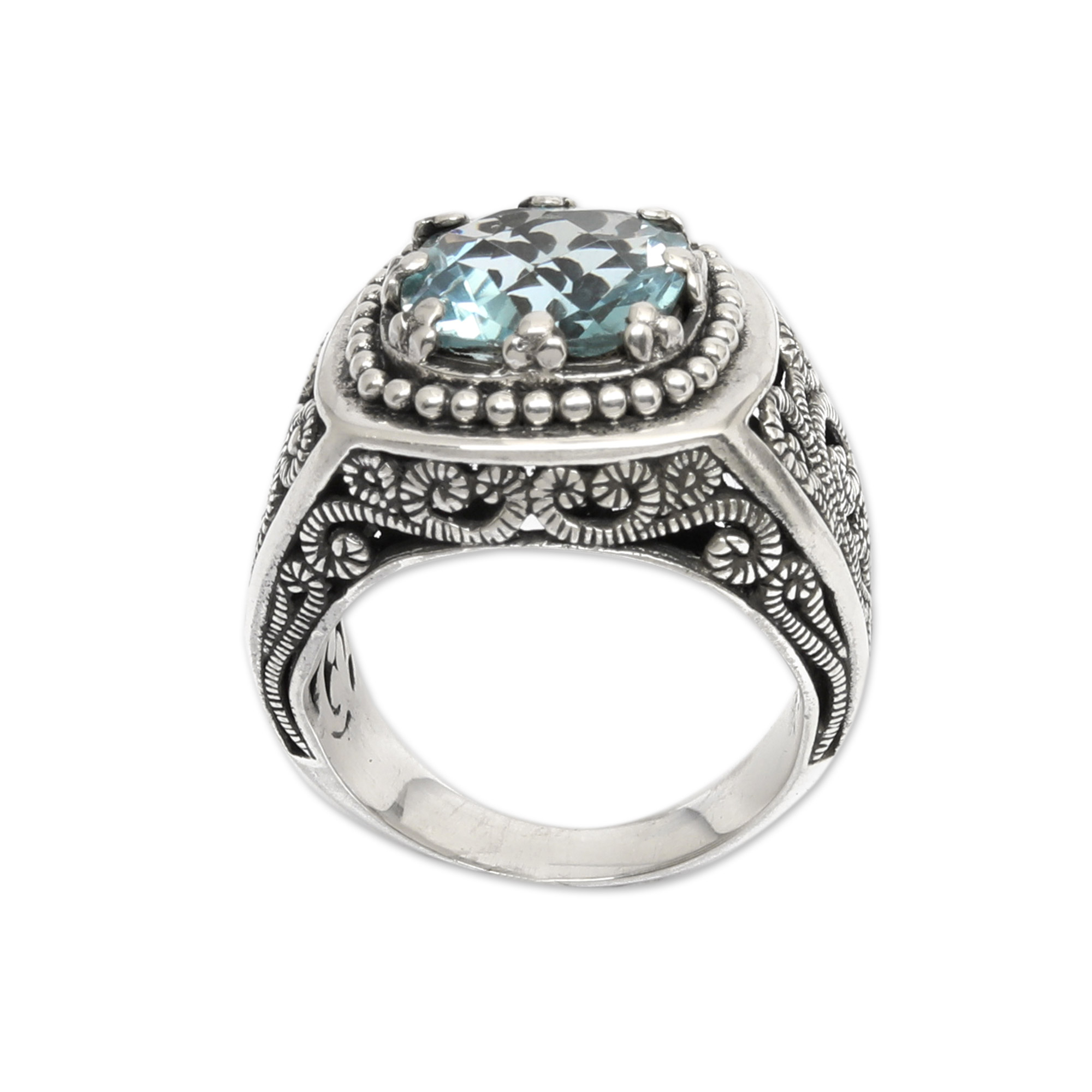 Balinese Cushion Cut Blue Topaz Cocktail Ring - Blue Desert Illusion ...