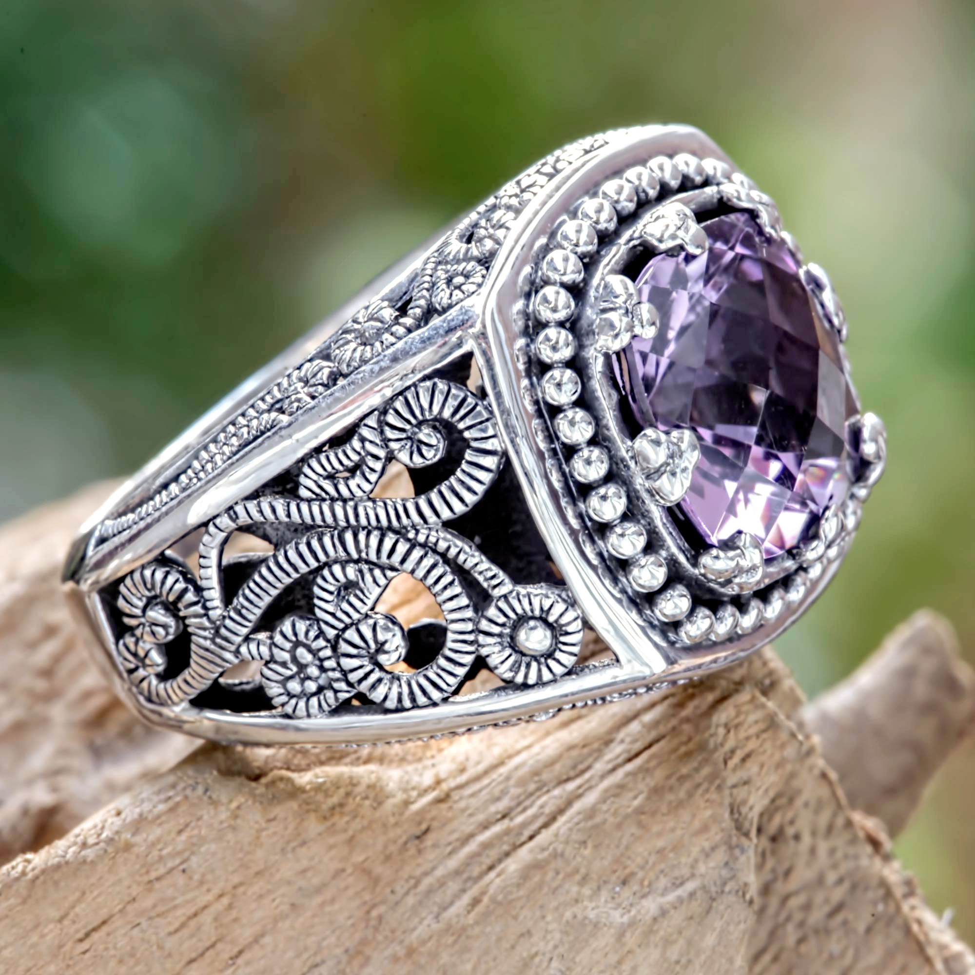 Four Carat Amethyst and Sterling Silver Ring from Bali, 'Purple Desert  Illusion'