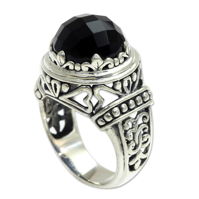 Onyx cocktail ring, 'Midnight Queen' - Onyx and Silver Cocktail Ring from Bali