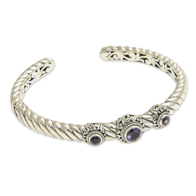 Amethyst cuff bracelet, 'Triple Crown in Purple' - Amethyst and Sterling Silver Cuff Bracelet from Bali