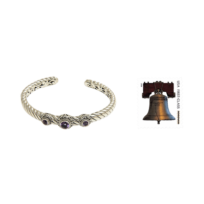 Amethyst cuff bracelet, 'Triple Crown in Purple' - Amethyst and Sterling Silver Cuff Bracelet from Bali