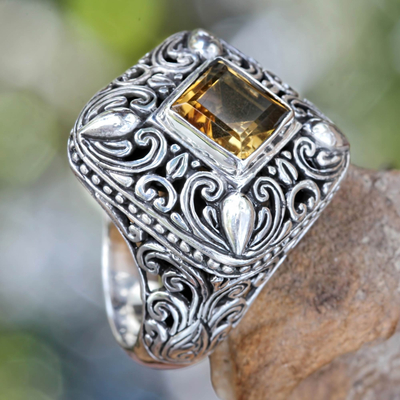 Citrine cocktail ring, 'Mystic Glory' - Square Citrine and Sterling Silver Cocktail Ring from Bali