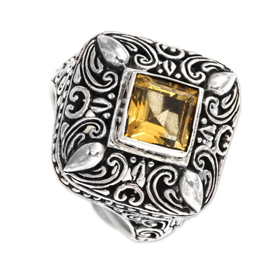 Square Citrine and Sterling Silver Cocktail Ring from Bali