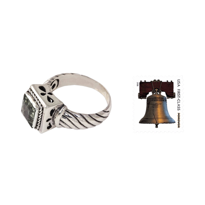 Men's prasiolite ring, 'Valiance' - Men's Prasiolite and Sterling Silver Ring from Bali