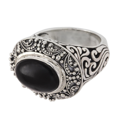 Onyx cocktail ring, 'Midnight Intrigue' - Onyx Cabochon and Sterling Silver Cocktail Ring from Bali