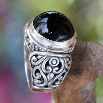 Onyx cocktail ring, 'Perfect Eclipse' - Onyx and Sterling Silver Cocktail Ring from Bali