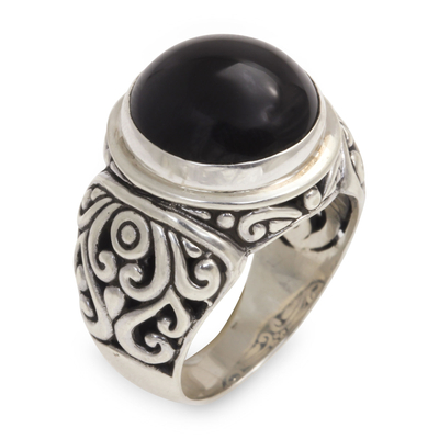 Onyx cocktail ring, 'Perfect Eclipse' - Onyx and Sterling Silver Cocktail Ring from Bali