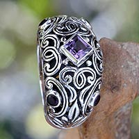 Amethyst cocktail ring, 'Purple Fern Garden' - Handcrafted Domed Amethyst Cocktail Ring from Bali