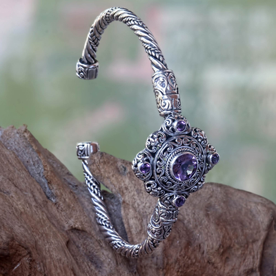 Amethyst cuff bracelet, 'Mahameru Purple' - Balinese Amethyst and Sterling Silver Cuff Bracelet