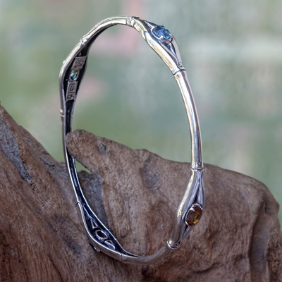 Multi-gemstone sterling silver cuff bracelet, 'Bamboo Treasure' - Multi-gemstone Sterling Silver Bamboo Cuff Bracelet