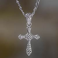Sterling silver pendant necklace, 'Nature's Cross' - Balinese Sterling Silver Cross Pendant Necklace