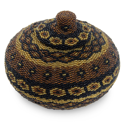 Beaded ate grass basket, 'Bali Latte' - Balinese Beaded Ate Grass Basket With Lid