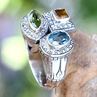 Multi-gemstone cocktail ring, 'Splendid Bamboo' - Balinese Multi-gemstone Sterling Silver Cocktail Ring