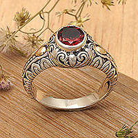 Garnet and gold accent cocktail ring, 'Crimson Treasure' - Garnet Silver Cocktail Ring