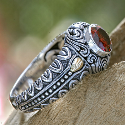 Garnet and gold accent cocktail ring, 'Crimson Treasure' - Garnet and Gold Accented Silver Cocktail Ring