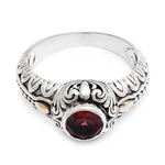 Garnet and gold accent cocktail ring, 'Crimson Treasure' - Garnet and Gold Accented Silver Cocktail Ring
