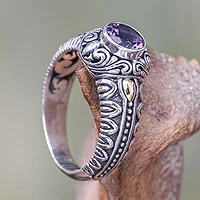 Anillo de cóctel con detalles en oro y amatista - Anillo de cóctel de plata con detalles de oro y amatista de Bali