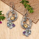 Multi-gemstone gold accented earrings, 'Graceful Peacock' - Multi-gemstone Gold Accented Silver Peacock Earrings