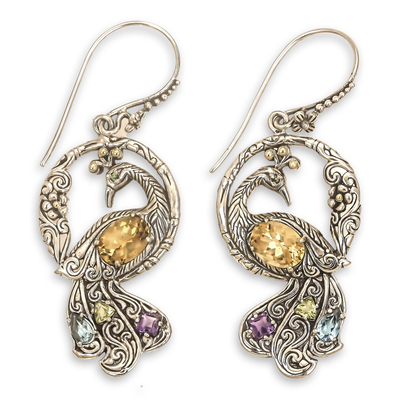 Multi-gemstone gold accented earrings, 'Graceful Peacock' - Multi-gemstone Gold Accented Silver Peacock Earrings