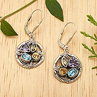 Multi-gemstone dangle earrings, 'Splendid Bamboo' - Multi-gemstone Sterling Silver Dangle Earrings from Bali