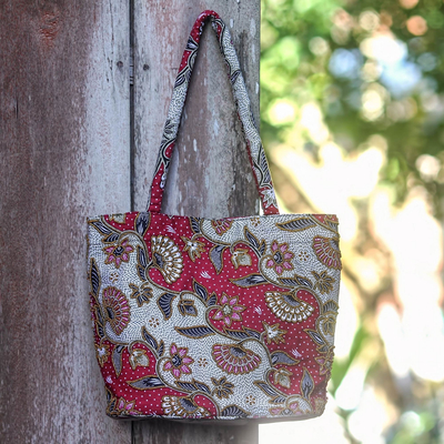 Cotton batik shoulder bag, 'Red Kembang Kapas' - Handcrafted Beaded Batik Cotton Shoulder Bag from Indonesia