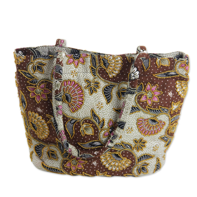 Fair Trade Beaded Brown Floral Cotton Batik Tote Bag