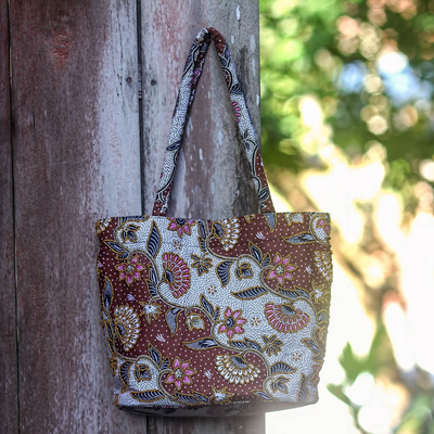 Cotton batik shoulder bag, 'Brown Kembang Kapas' - Fair Trade Beaded Brown Floral Cotton Batik Tote Bag