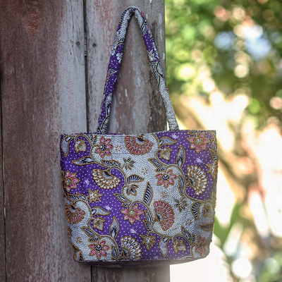 Cotton batik shoulder bag, Purple Kembang Kapas