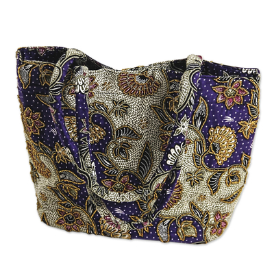 Artisan Crafted Purple Batik Shoulder Bag with Beading