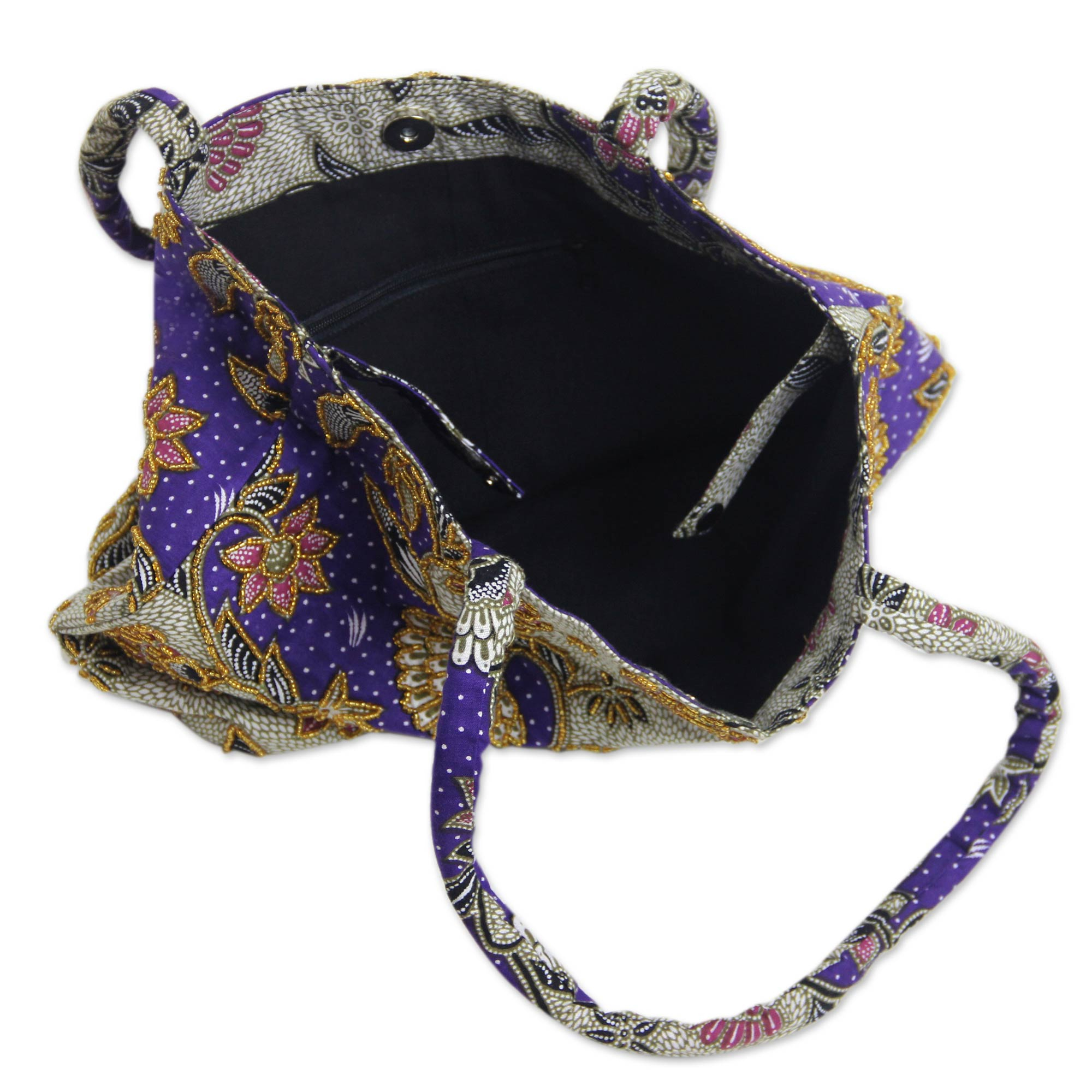 Artisan Crafted Purple Batik Shoulder Bag with Beading - Purple Kembang ...