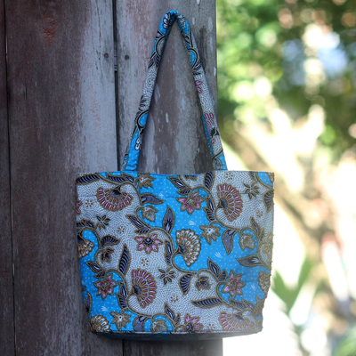 Cotton batik shoulder bag, 'Blue Kembang Kapas' - Handcrafted Cotton Batik Shoulder Bag in Blue Floral Pattern