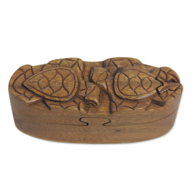 Wood puzzle box, 'Turtle Romance' - Balinese Turtle Theme Wood Puzzle Box