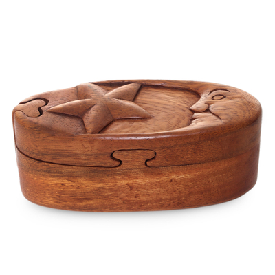 Wood puzzle box, 'Sweet Night' - Wood Moon and Star Puzzle Box from Bali
