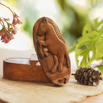 Wood puzzle box, 'Prancing Horse' - Balinese Hand Carved Wood Horse Puzzle Box