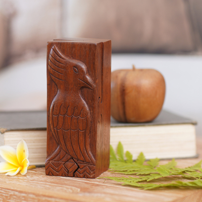 Holz-Puzzle-Box, „Bali Mynah“ – handgefertigte Holz-Puzzle-Box mit Vogelmotiv aus Bali