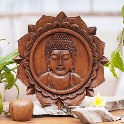 Wood relief panel, 'Lotus Buddha' - Balinese Hand Crafted Wood Buddha Relief Panel