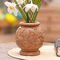 Decorative wood vase, 'Sukawati Floral I'
