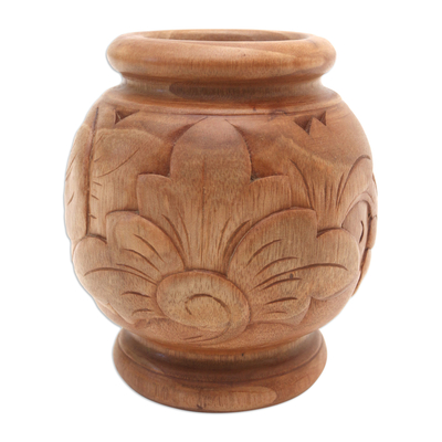 Decorative wood vase, 'Sukawati Floral I' - Decorative mahogany wood vase