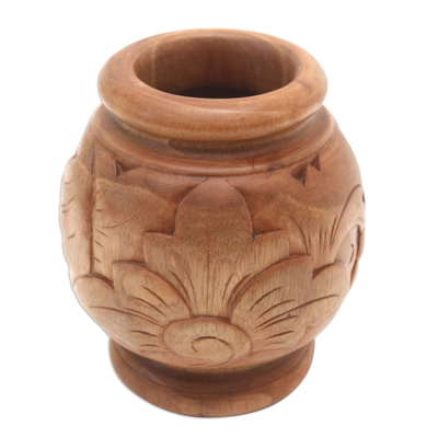 Decorative wood vase, 'Sukawati Floral I' - Decorative mahogany wood vase