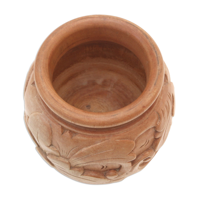 Decorative wood vase, 'Sukawati Floral II' - Decorative mahogany wood vase